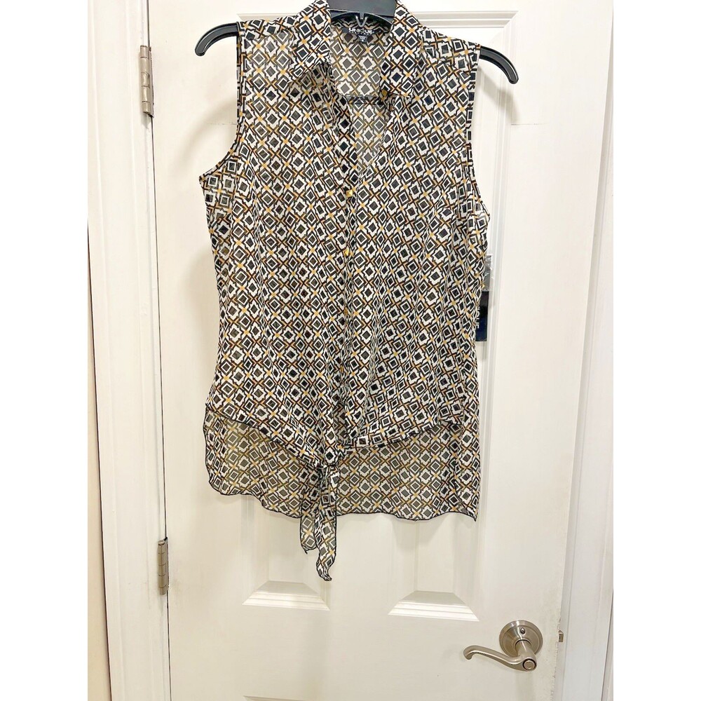 Unique Spectrum Semi-Sheer Sleeveless Button Front Yellow Black White Top Size M